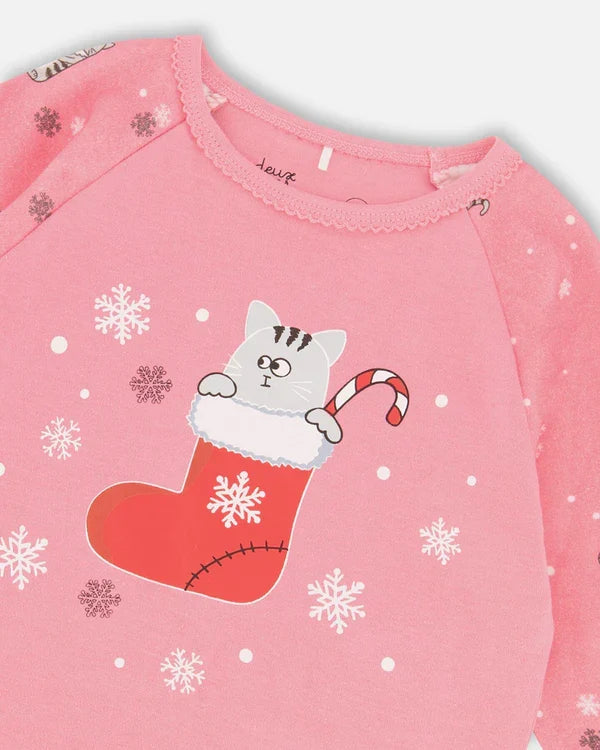 Deux Par Deux Organic Cotton Long Sleeve Pajama Set - Pink Printed Cats & Snowflakes
