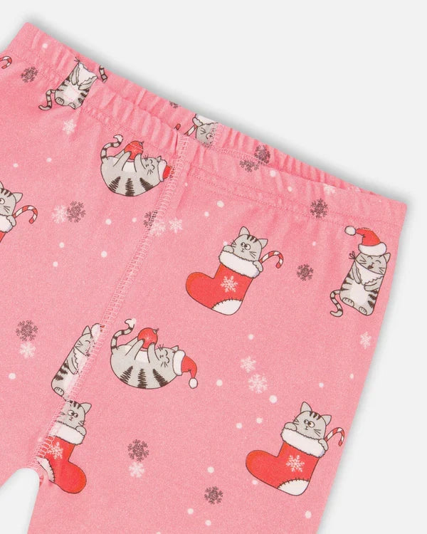 Deux Par Deux Organic Cotton Long Sleeve Pajama Set - Pink Printed Cats & Snowflakes