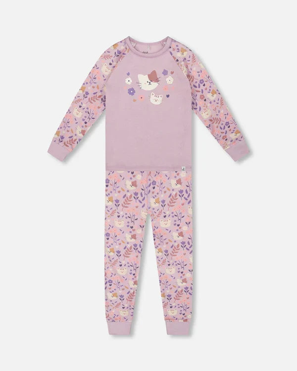 Deux Par Deux Organic Cotton Long Sleeve Pajama Set - Printed Lilac Cats