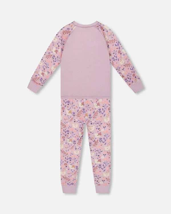 Deux Par Deux Organic Cotton Long Sleeve Pajama Set - Printed Lilac Cats