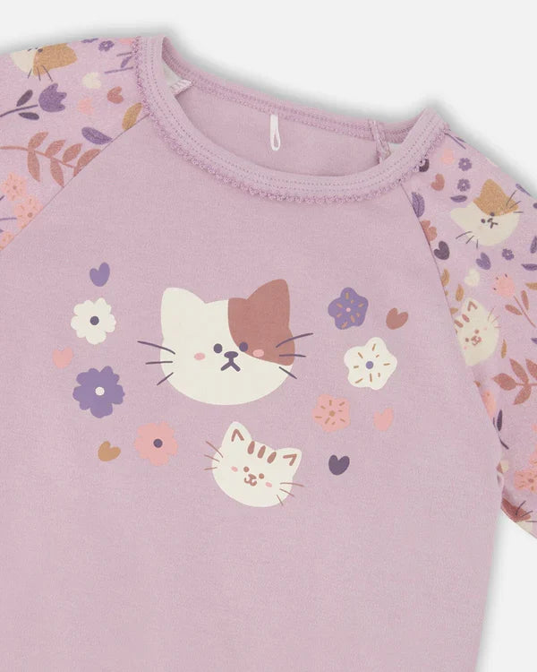 Deux Par Deux Organic Cotton Long Sleeve Pajama Set - Printed Lilac Cats