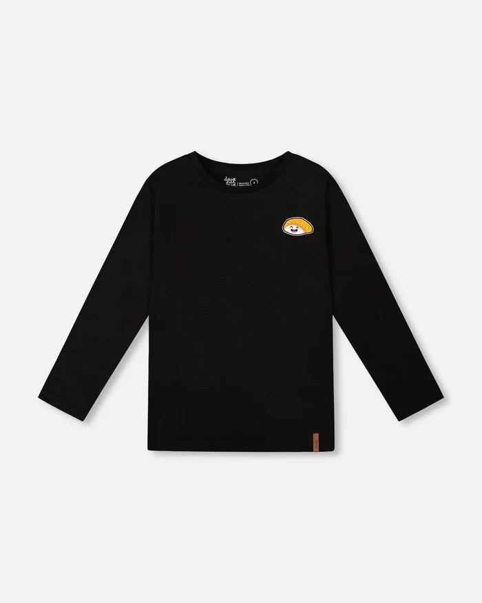 Deux Par Deux Organic Cotton Long Sleeve T-Shirt - Anthracite/Black Sushi Cat