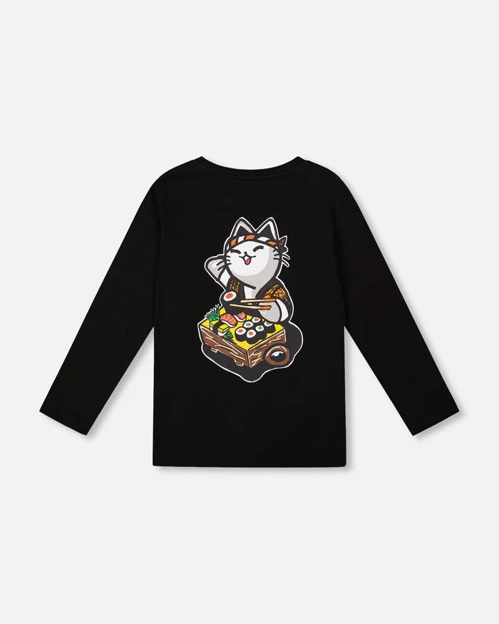 Deux Par Deux Organic Cotton Long Sleeve T-Shirt - Anthracite/Black Sushi Cat