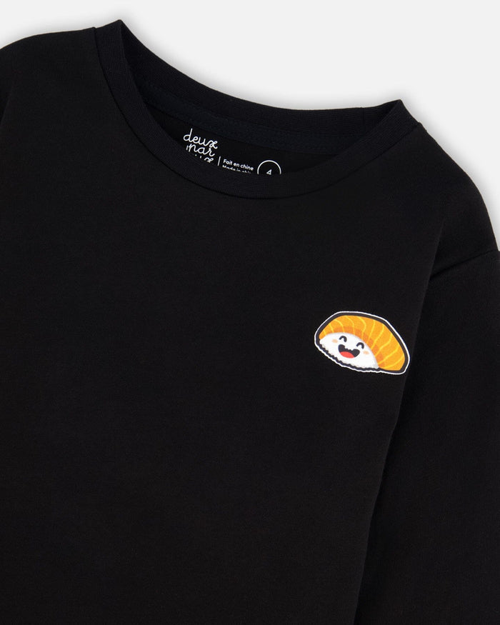 Deux Par Deux Organic Cotton Long Sleeve T-Shirt - Anthracite/Black Sushi Cat