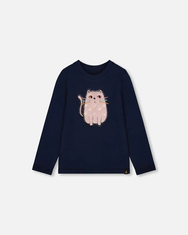 Deux Par Deux Organic Cotton Long Sleeve T-shirt - Black Iris/Navy Cat