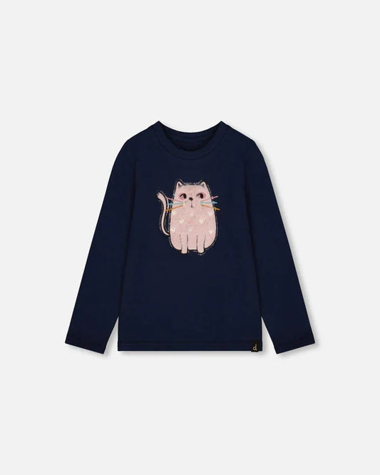 Deux Par Deux Organic Cotton Long Sleeve T-shirt - Black Iris/Navy Cat