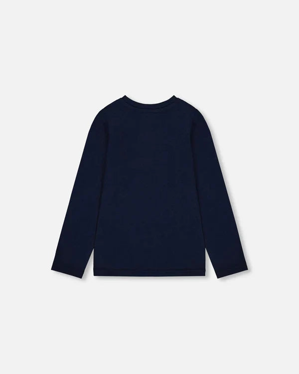 Deux Par Deux Organic Cotton Long Sleeve T-shirt - Black Iris/Navy Cat