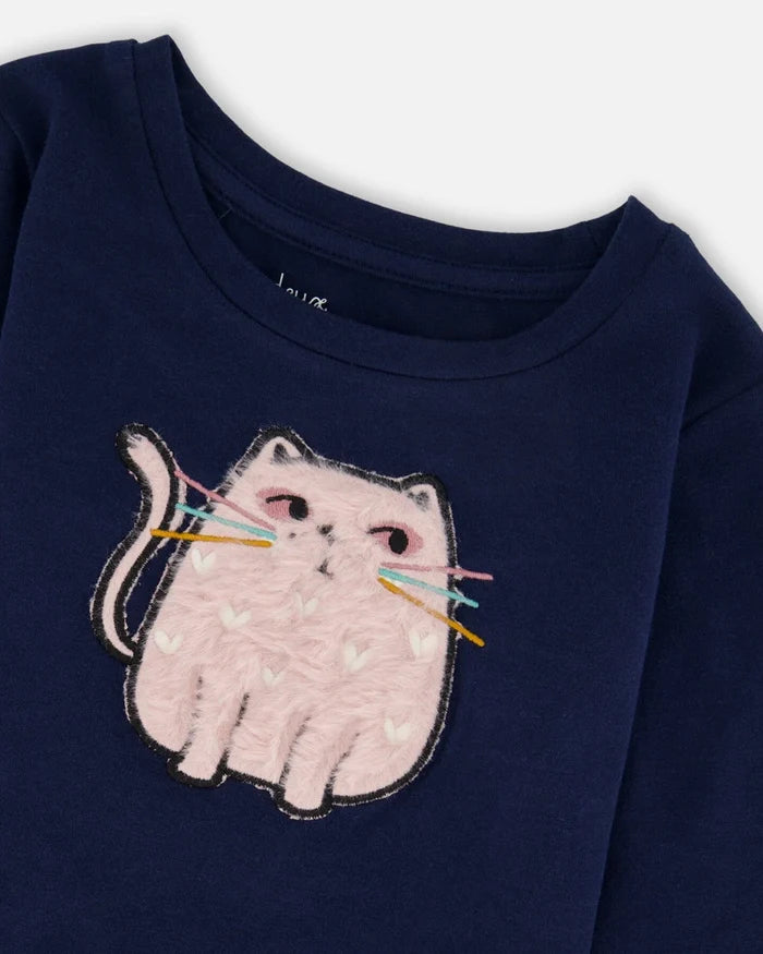 Deux Par Deux Organic Cotton Long Sleeve T-shirt - Black Iris/Navy Cat