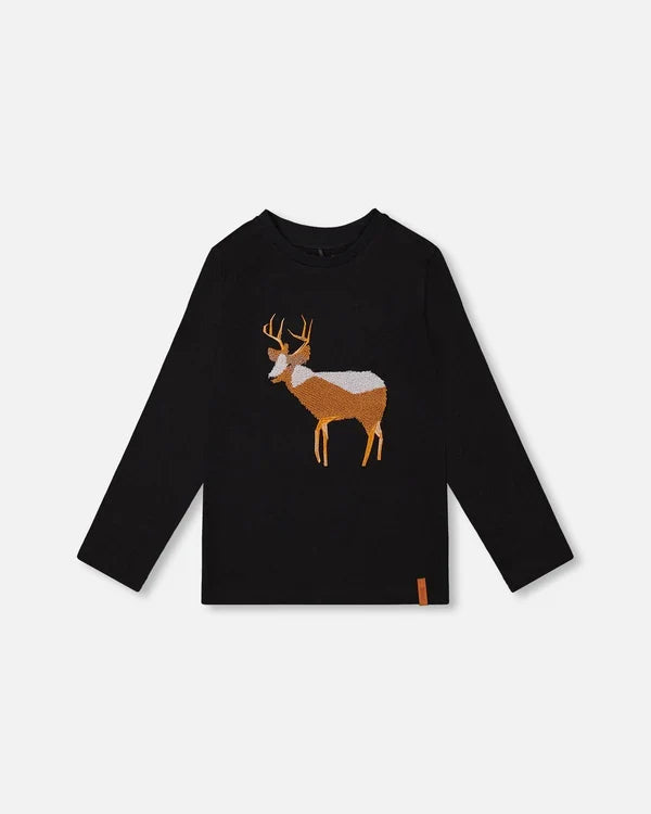 Deux Par Deux Organic Cotton Long Sleeve Tee - Black with Boucle Deer Applique