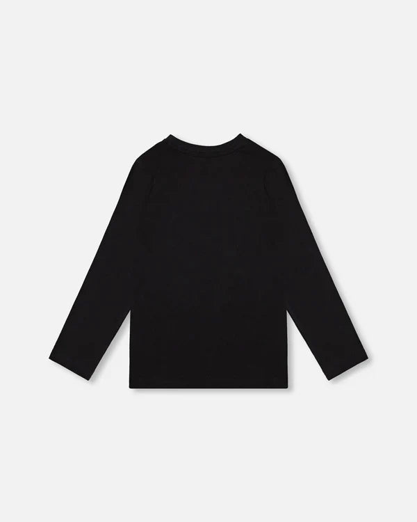 Deux Par Deux Organic Cotton Long Sleeve Tee - Black with Boucle Deer Applique