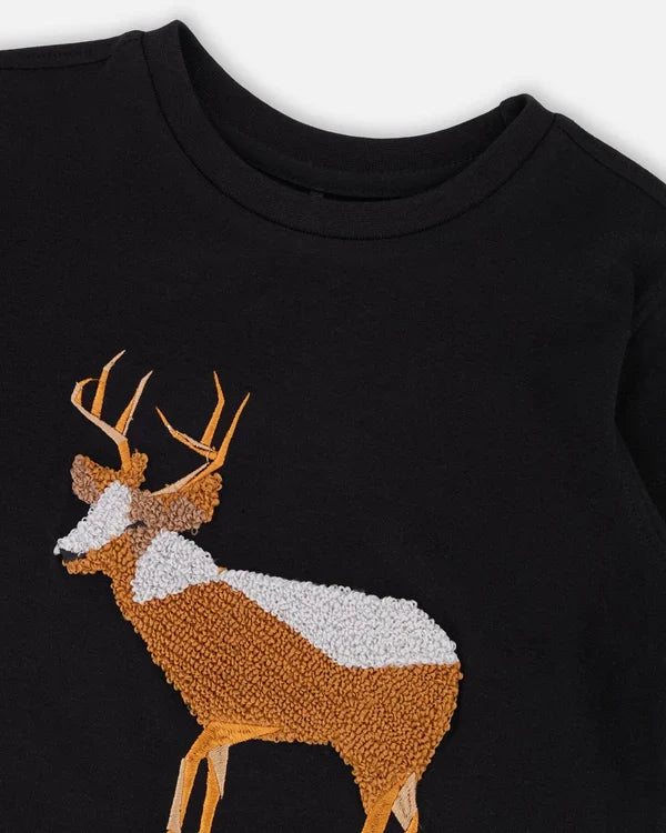 Deux Par Deux Organic Cotton Long Sleeve Tee - Black with Boucle Deer Applique