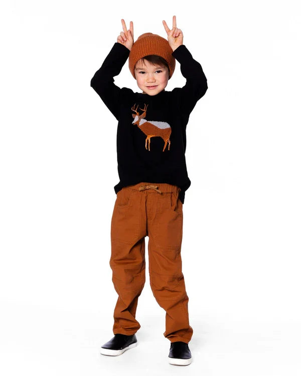 Deux Par Deux Organic Cotton Long Sleeve Tee - Black with Boucle Deer Applique