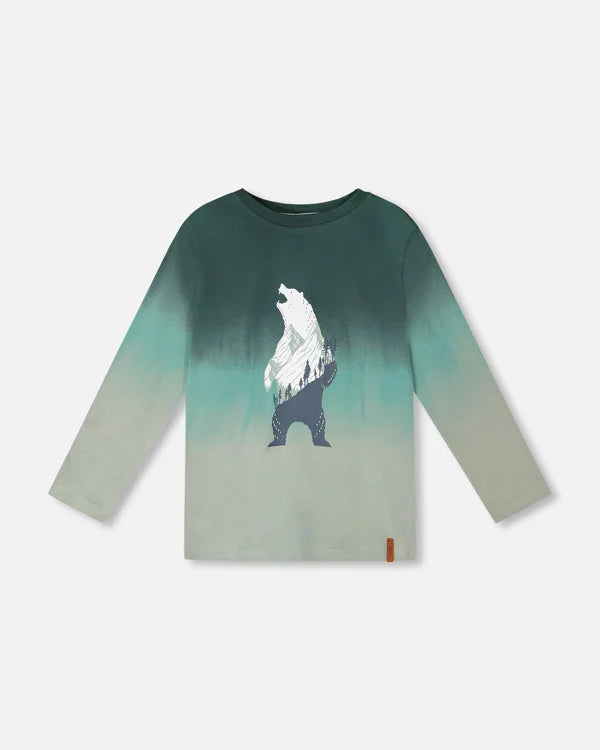 Deux Par Deux Organic Cotton Long Sleeve Tee - Gradient Jungle Green Bear