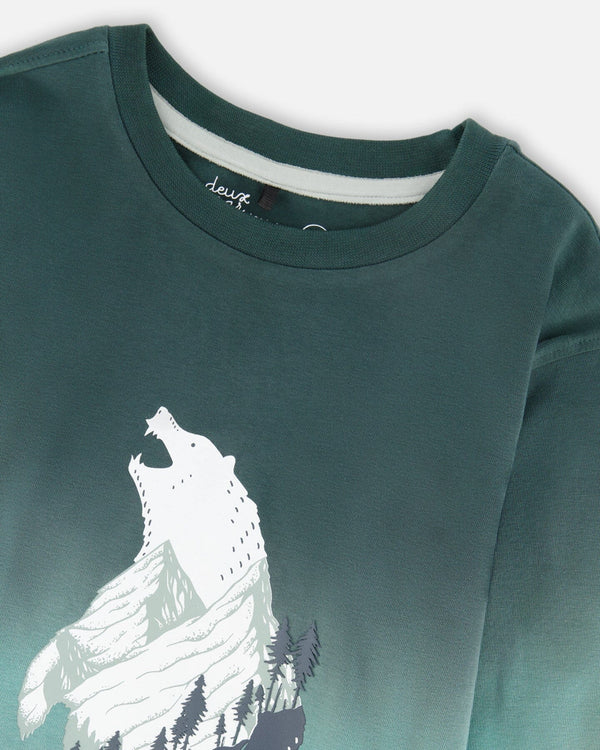 Deux Par Deux Organic Cotton Long Sleeve Tee - Gradient Jungle Green Bear