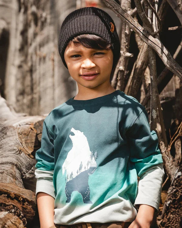 Deux Par Deux Organic Cotton Long Sleeve Tee - Gradient Jungle Green Bear