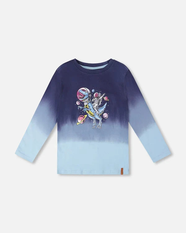 Deux Par Deux Organic Cotton Long Sleeve Tee - Gradient Mood Indigo Space Dino