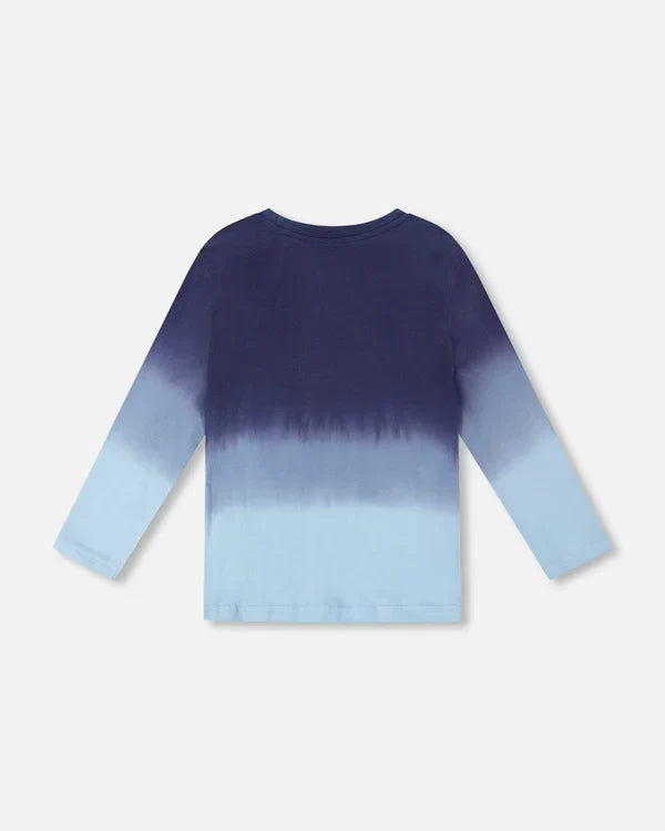 Deux Par Deux Organic Cotton Long Sleeve Tee - Gradient Mood Indigo Space Dino