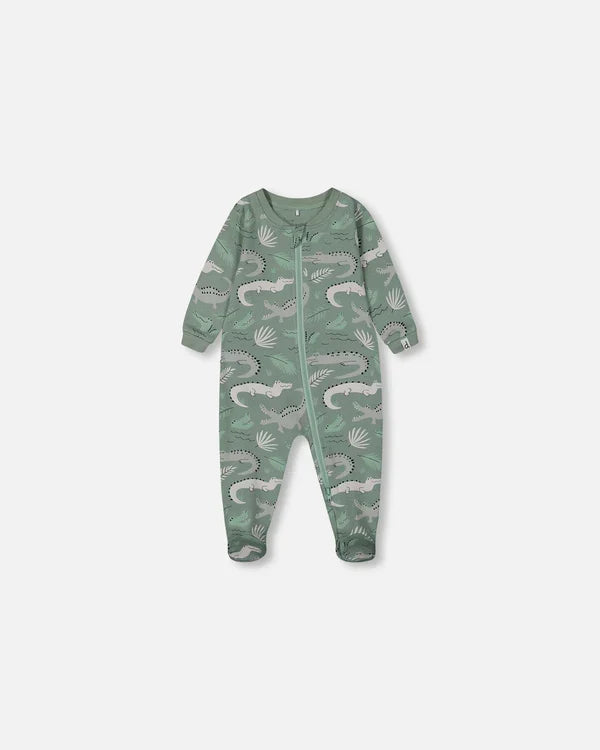 Deux Par Deux Organic Cotton One Piece Pajama - Printed Green Crocodiles