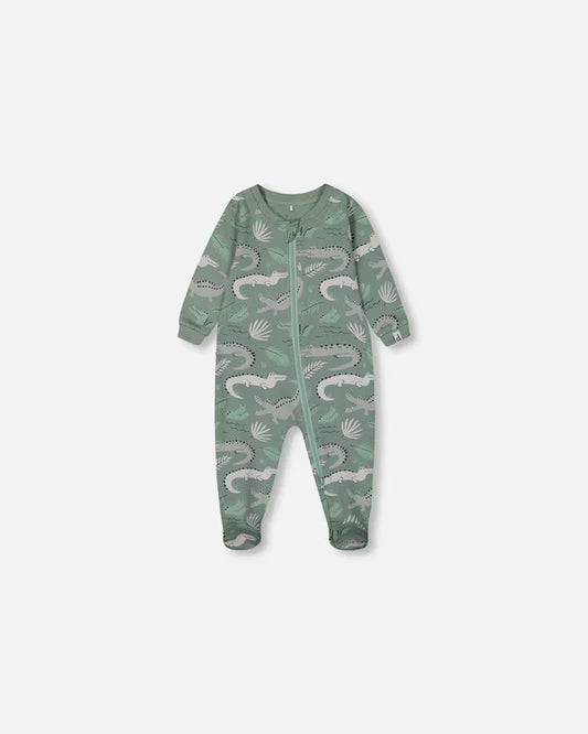 Deux Par Deux Organic Cotton One Piece Pajama - Printed Green Crocodiles