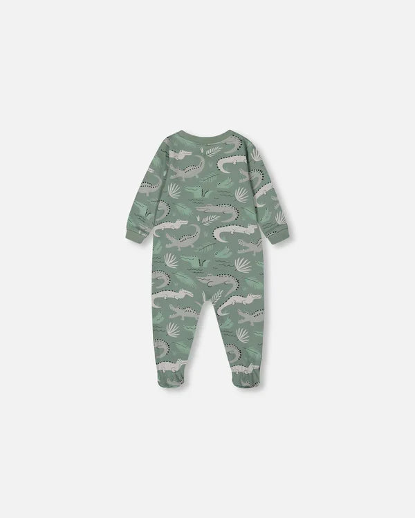 Deux Par Deux Organic Cotton One Piece Pajama - Printed Green Crocodiles