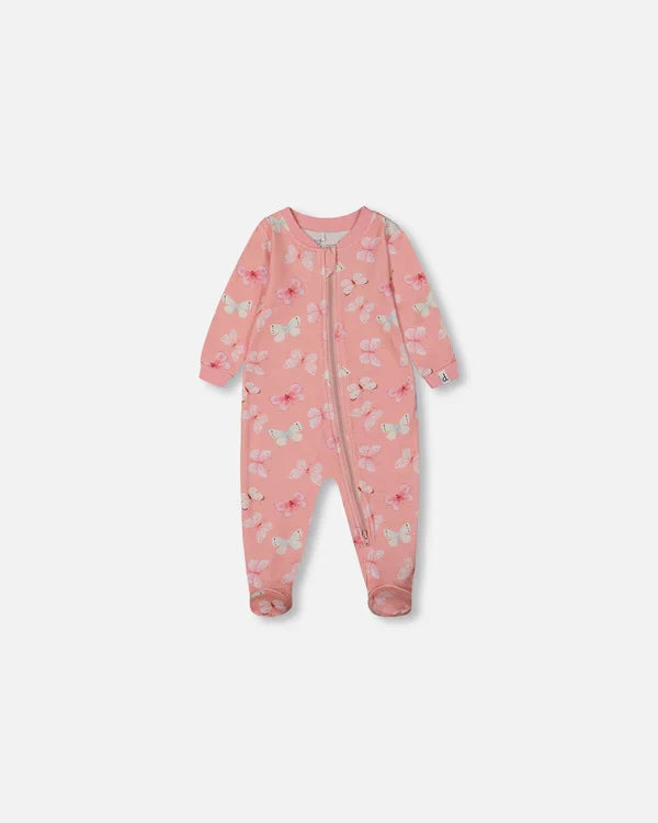 Deux Par Deux Organic Cotton One Piece Pajama - Printed Pink Butterflies