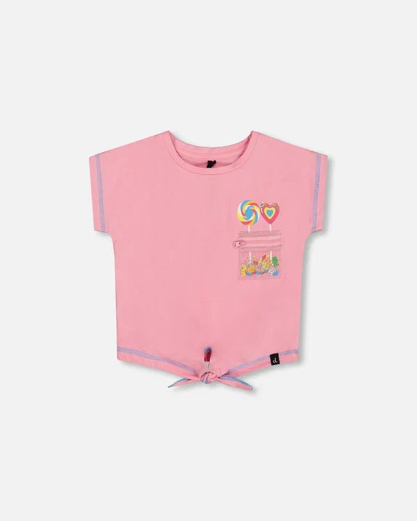 Deux Par Deux Organic Cotton Tee - Pink Candy Print and Knot