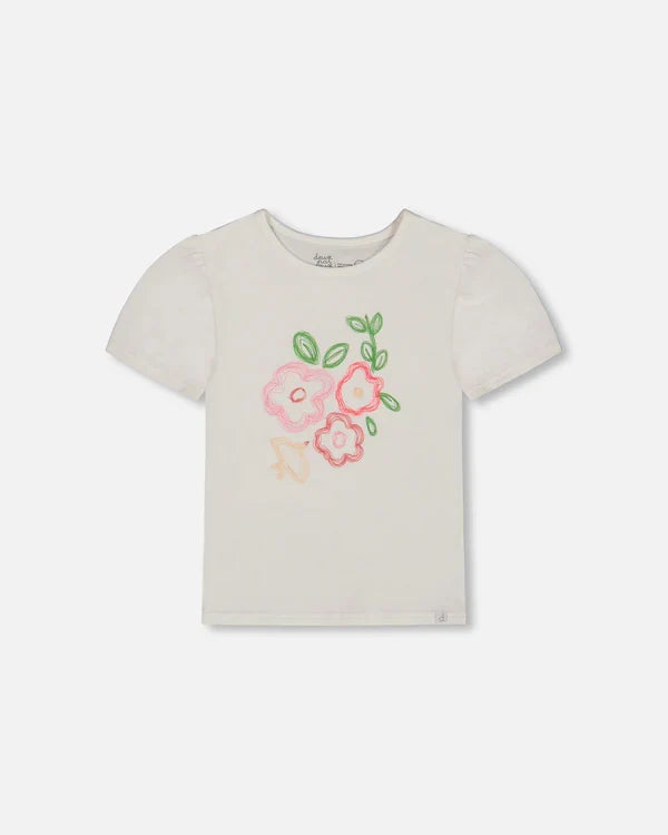 Deux Par Deux Organic Cotton Tee With Puff Sleeve - Pink Flower On White Background