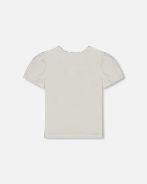 Deux Par Deux Organic Cotton Tee With Puff Sleeve - Pink Flower On White Background