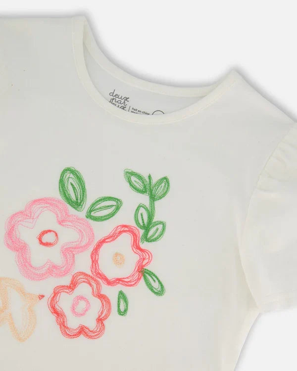 Deux Par Deux Organic Cotton Tee With Puff Sleeve - Pink Flower On White Background