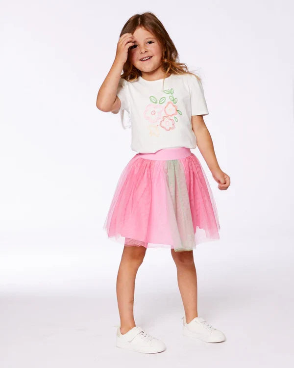 Deux Par Deux Organic Cotton Tee With Puff Sleeve - Pink Flower On White Background