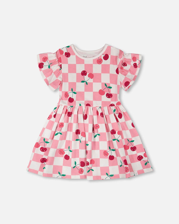 Deux Par Deux Organic Jersey Dress - Printed Pink Cherries