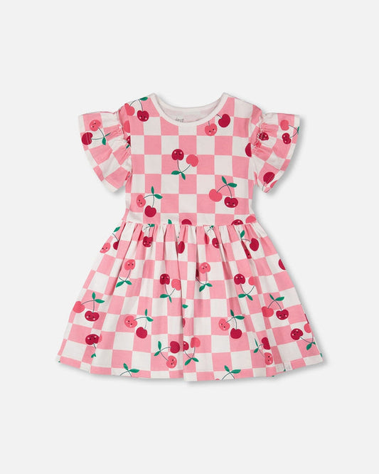 Deux Par Deux Organic Jersey Dress - Printed Pink Cherries