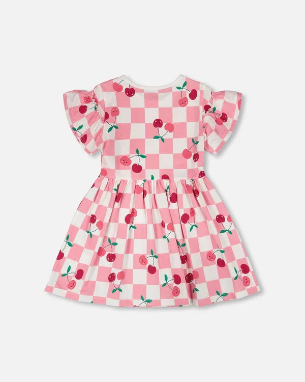 Deux Par Deux Organic Jersey Dress - Printed Pink Cherries