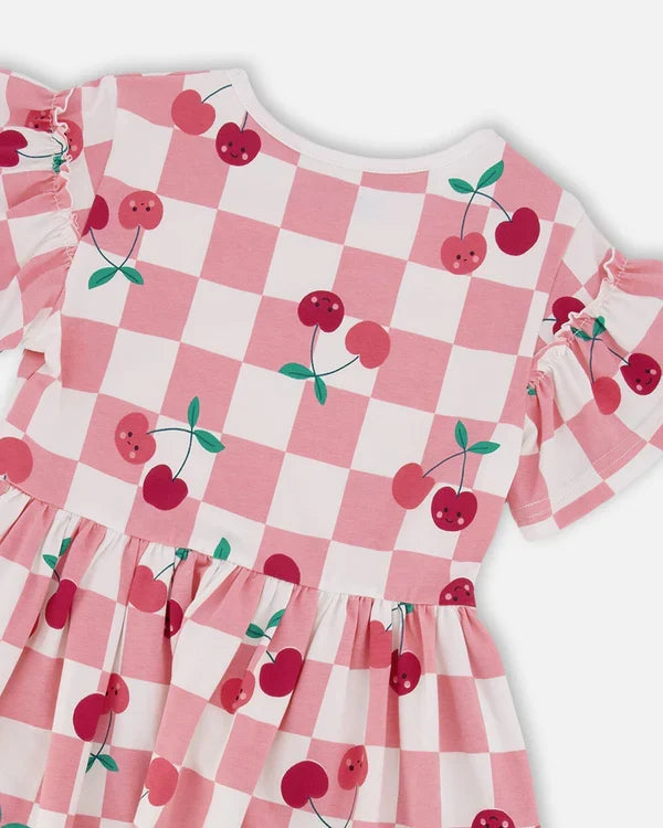 Deux Par Deux Organic Jersey Dress - Printed Pink Cherries