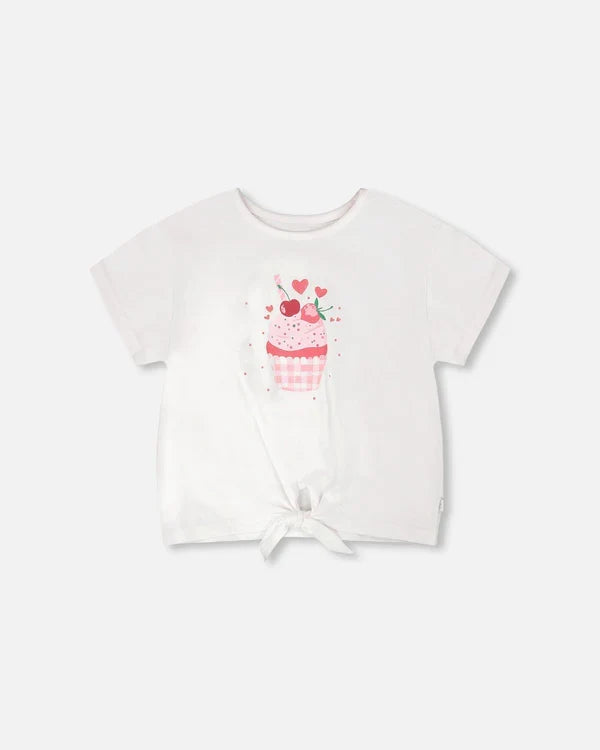 Deux Par Deux Organic Jersey T-Shirt with Tie Waist - White