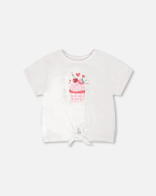 Deux Par Deux Organic Jersey T-Shirt with Tie Waist - White
