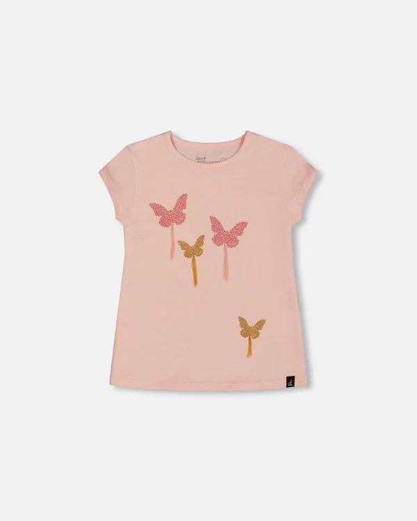 Deux Par Deux Organic Jersey Top with Applique -- Seashell Pink