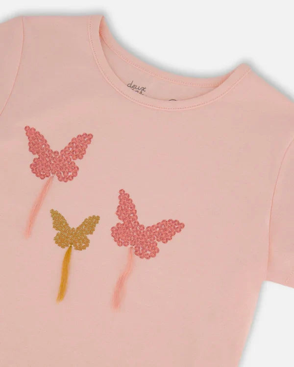 Deux Par Deux Organic Jersey Top with Applique -- Seashell Pink