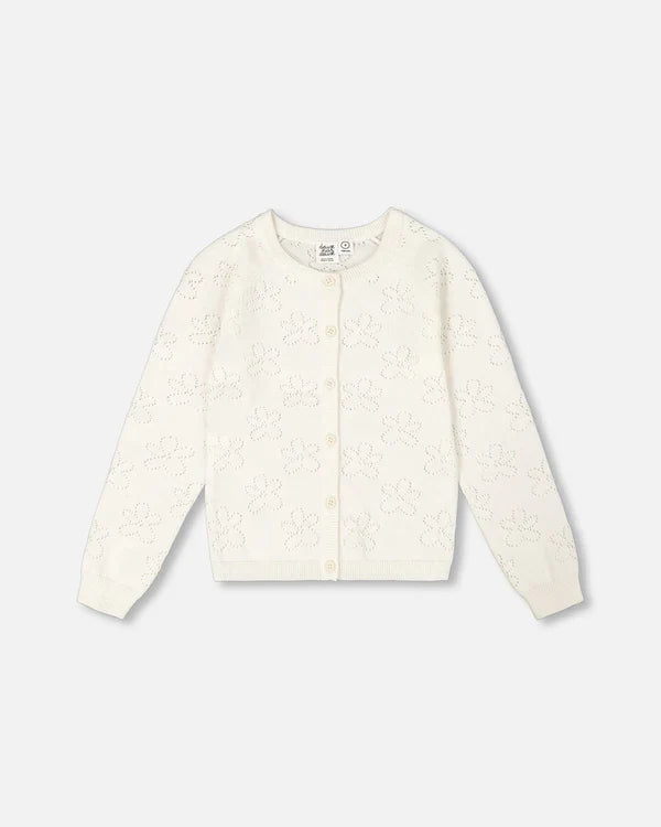 Deux Par Deux Pointelle Knit Cardigan Sweater - White