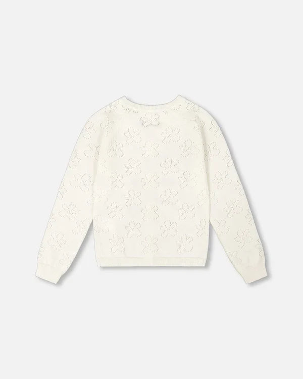 Deux Par Deux Pointelle Knit Cardigan Sweater - White
