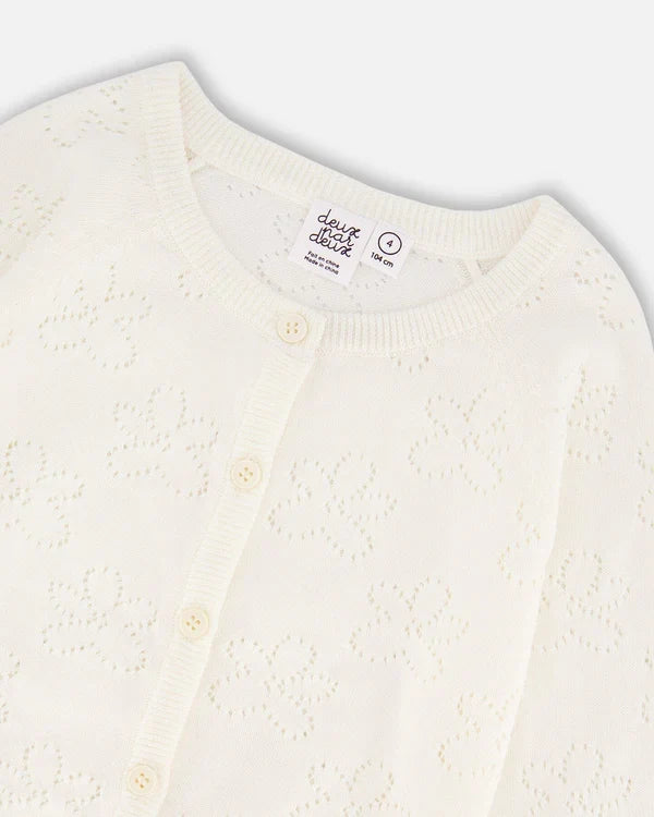 Deux Par Deux Pointelle Knit Cardigan Sweater - White