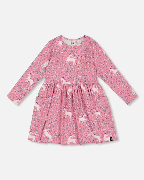 Deux Par Deux Printed Pocket Dress - Pink Unicorns