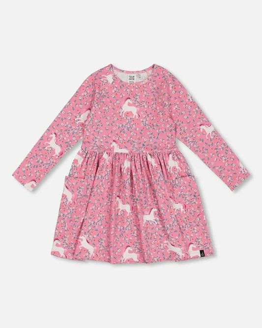 Deux Par Deux Printed Pocket Dress - Pink Unicorns