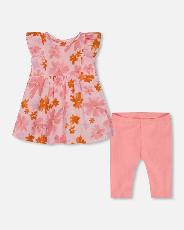 Deux Par Deux Printed Tunic And Solid Leggings Set - Watercolor Daisies