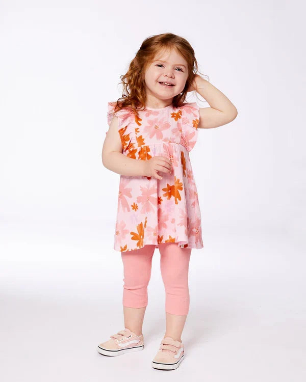 Deux Par Deux Printed Tunic And Solid Leggings Set - Watercolor Daisies