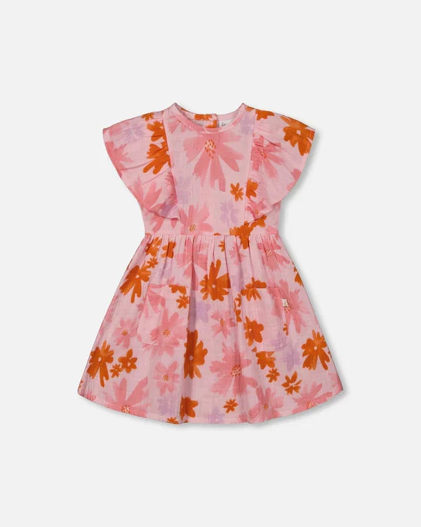 Deux Par Deux Printed Watercolor Muslin Dress - Pink And Coral Flowers
