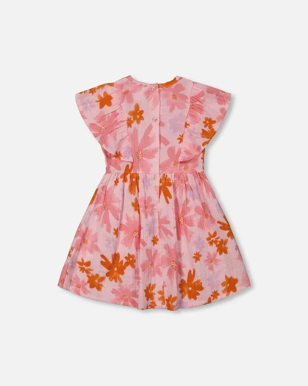 Deux Par Deux Printed Watercolor Muslin Dress - Pink And Coral Flowers