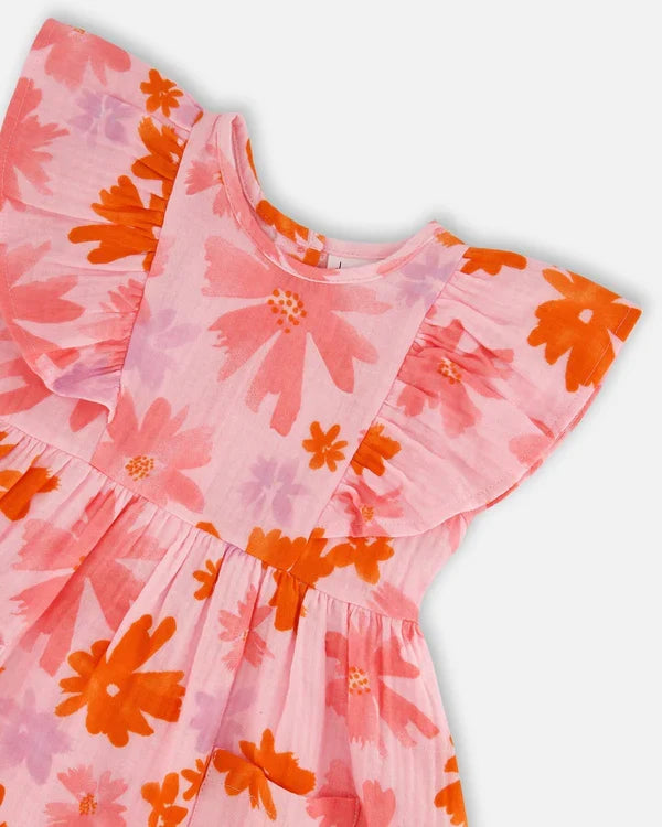 Deux Par Deux Printed Watercolor Muslin Dress - Pink And Coral Flowers