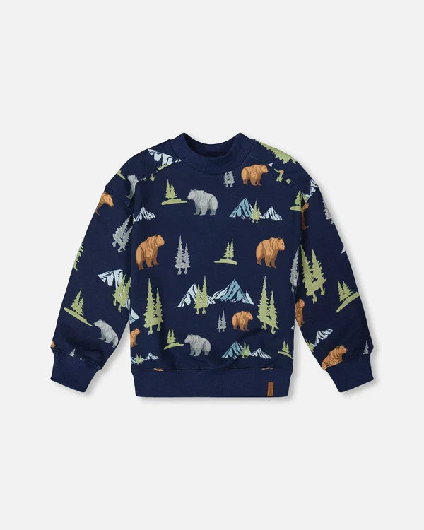 Deux Par Deux Pullover Fleece Sweatshirt - Navy Animals