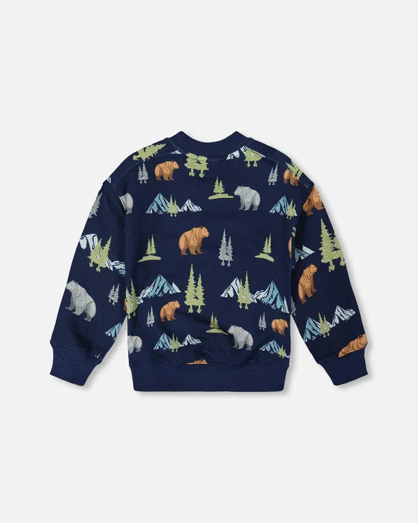 Deux Par Deux Pullover Fleece Sweatshirt - Navy Animals